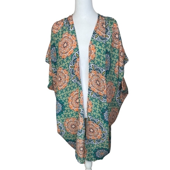 Umgee Orange Green Kimono Wrap Floral Geometric Open Oversized Boho Gypsy Small - Picture 1 of 8